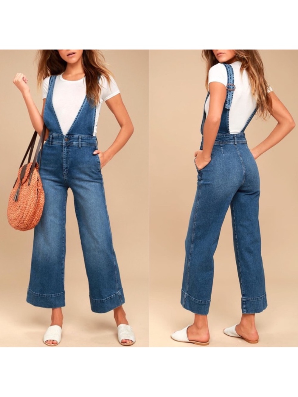 EUC Free People Wide-Leg Denim Overalls A-Lime Medium Wash - Picture 3 of 14